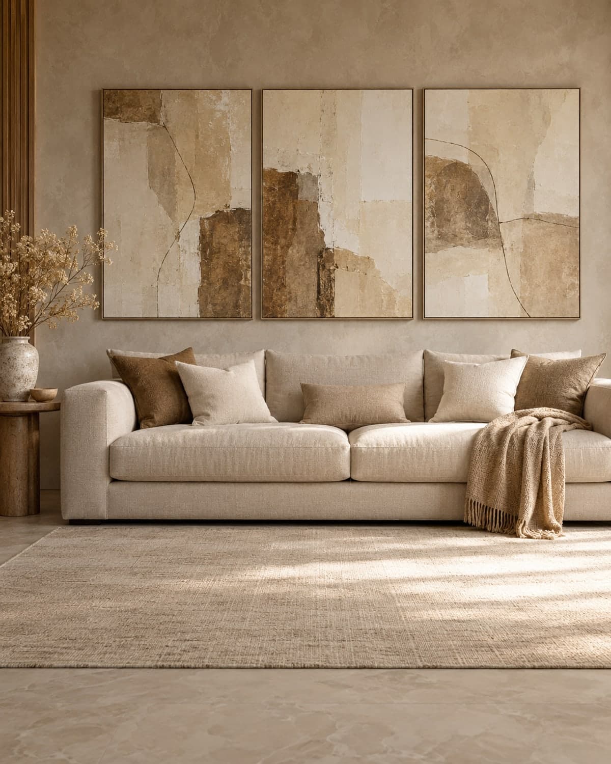 Bộ tranh canvas ba bức treo trên sofa phòng khách tông be