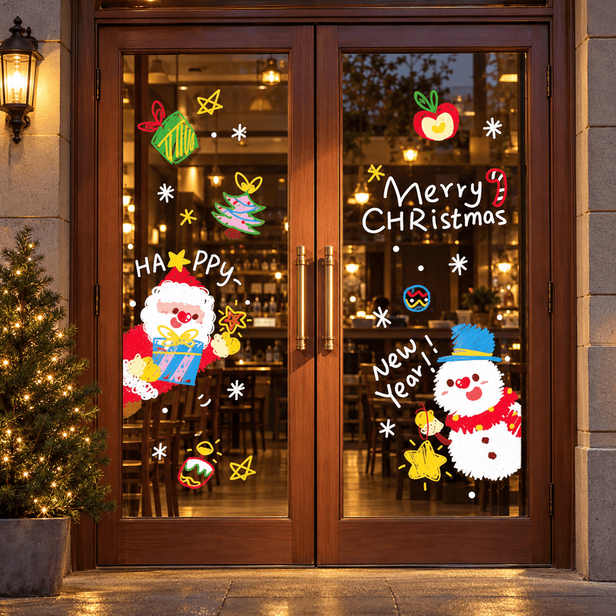 Decal Dán Tường Noel Ngộ Nghĩnh, Trang Trí Nhà Cửa, Cửa Kính, Quán Cafe, Cửa Hàng – Decal Noel dán trên cửa kính quán cà phê buổi tối