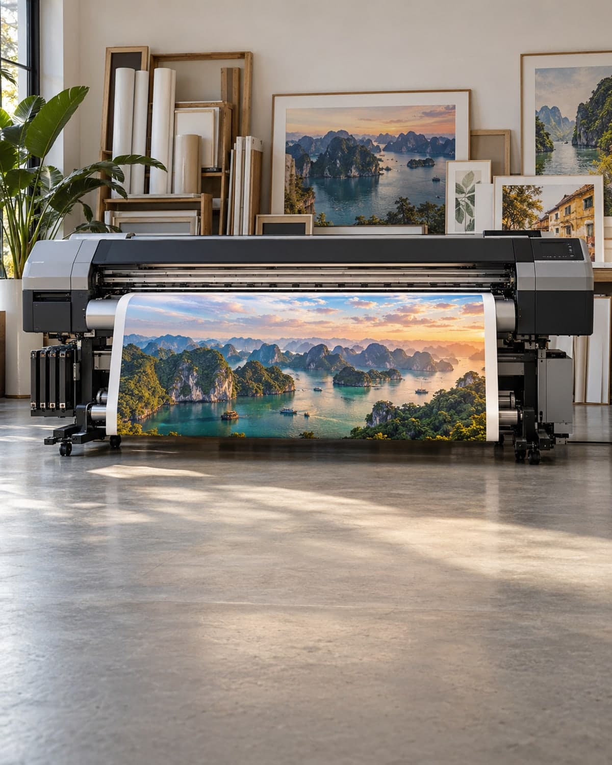 Máy in khổ lớn trong xưởng đang in cuộn canvas