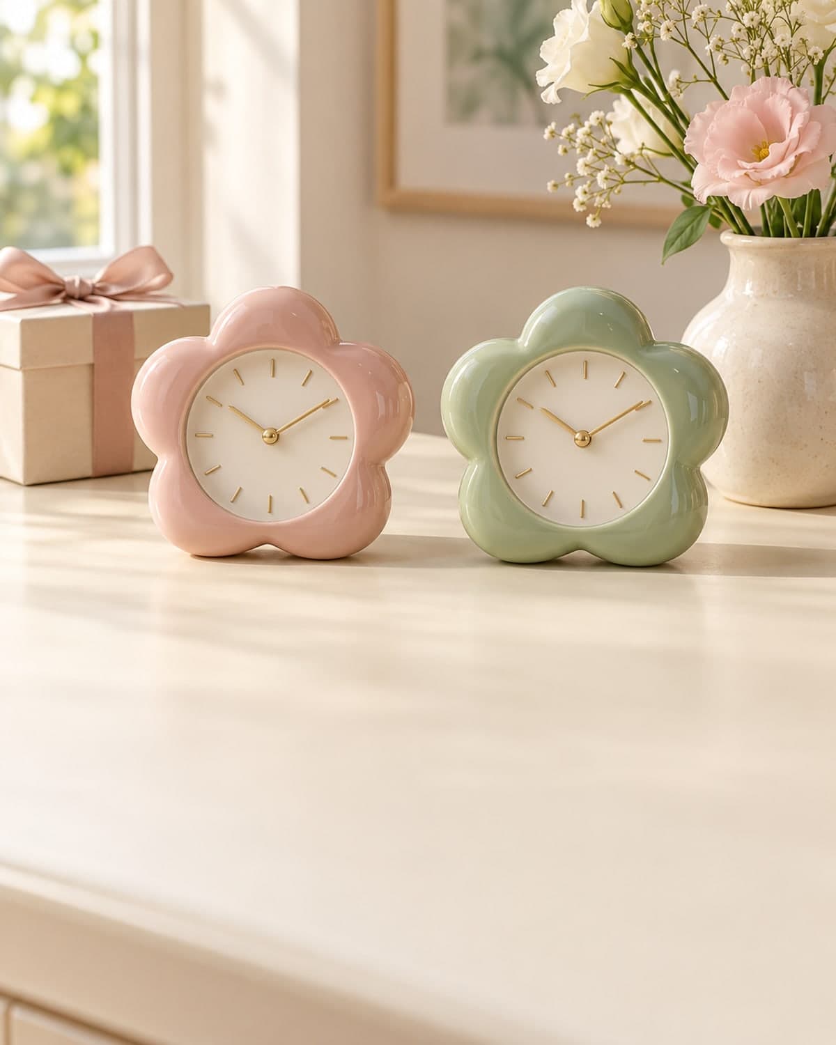 Đồng hồ để bàn hình hoa màu pastel trên kệ gỗ