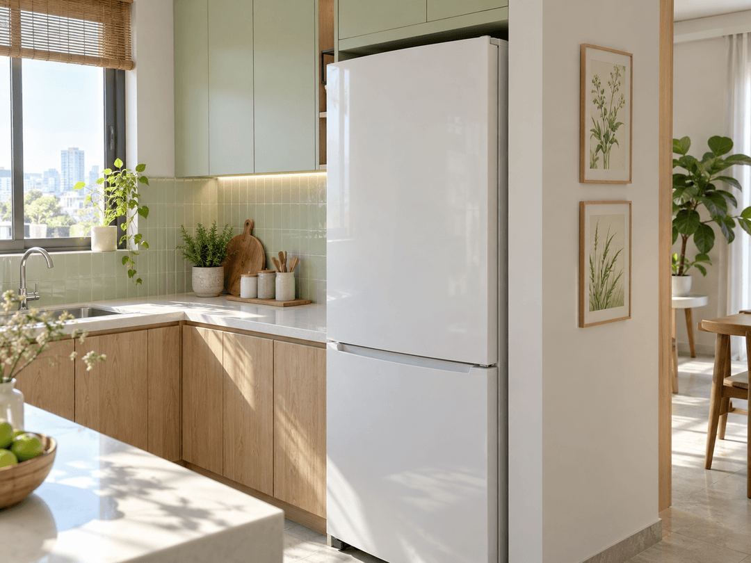 Tranh cây cỏ mini treo dọc trên mảng tường hẹp cạnh tủ lạnh trong bếp nhỏ