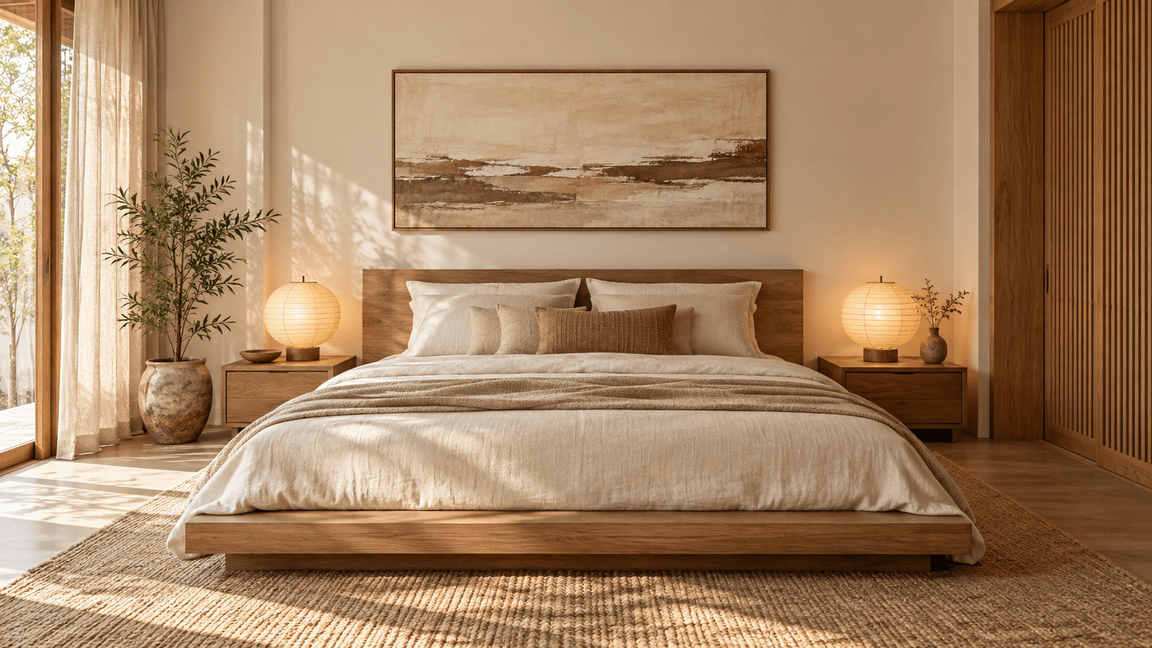 Decor tường phòng ngủ master Japandi: chọn tranh và bố cục đầu giường