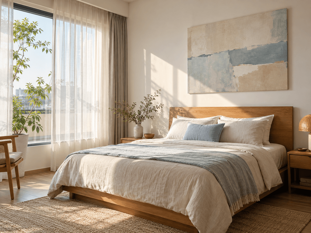Tranh canvas trừu tượng treo đầu giường trong phòng ngủ ngập nắng tự nhiên