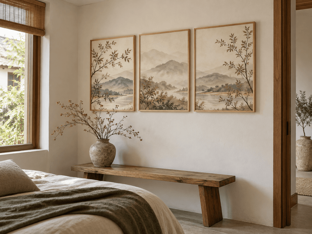 Bộ ba tranh cành lá và núi đồi tông dịu treo trên tường phòng ngủ phong cách Japandi