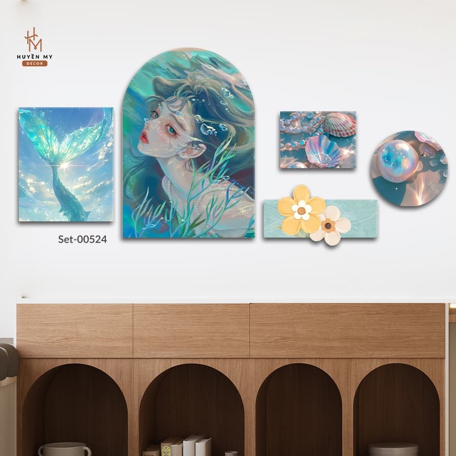 Set 5 Tranh Dán Tường Hoa Lá Cô Gái Nghệ Thuật Trang Trí Phòng Khách, Ngủ, Spa