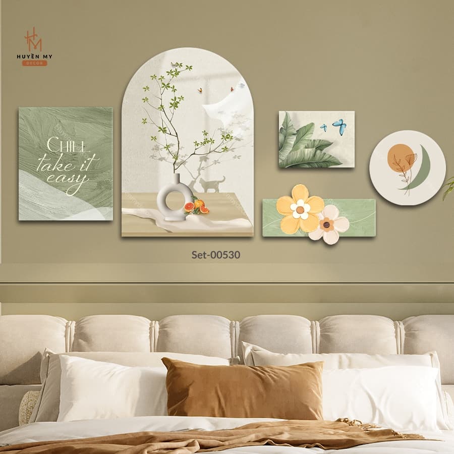 Set 5 Tranh Dán Tường Hoa Lá Cô Gái Nghệ Thuật Trang Trí Phòng Khách, Ngủ, Spa – ảnh 2
