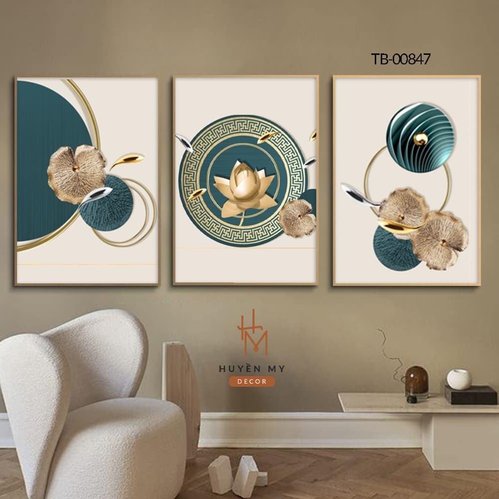 Bộ 3 Tranh Treo Tường Canvas Hoa Sen Trang Trí Phòng Khách, Nhà Hàng, Spa – ảnh 2