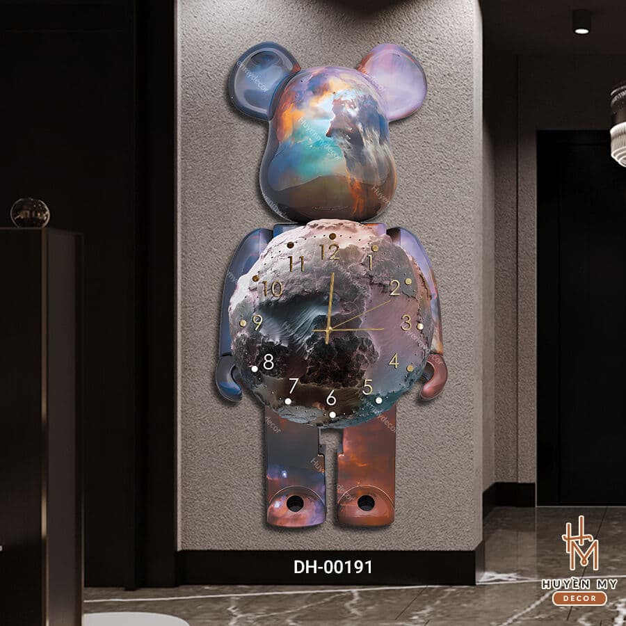 Đồng Hồ Gấu Bearbrick Tráng Gương Treo Tường 3D, Decor Phòng Khách, Ngủ