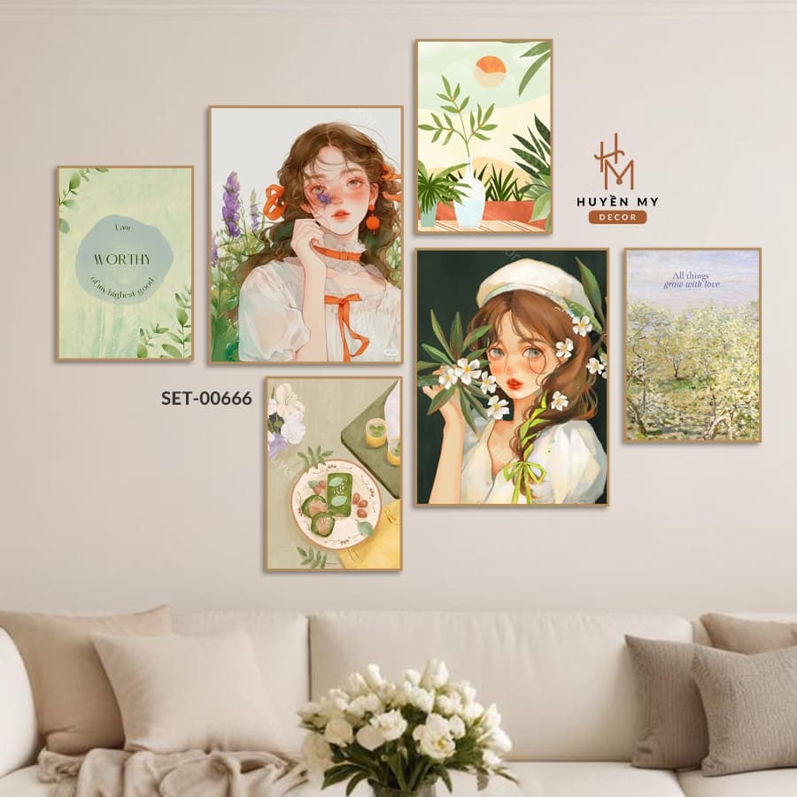 Set 6 Tranh Dán Tường Nhiều Mẫu Hiện Đại, Dễ Thương Decor Phòng Khách, Ngủ