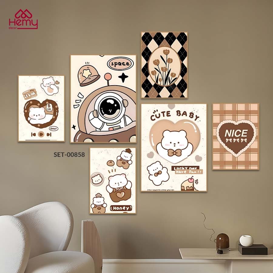 Set 6 Tranh Dán Tường Mẫu Dễ Thương Trendy Decor Phòng Khách, Phòng Ngủ, Spa
