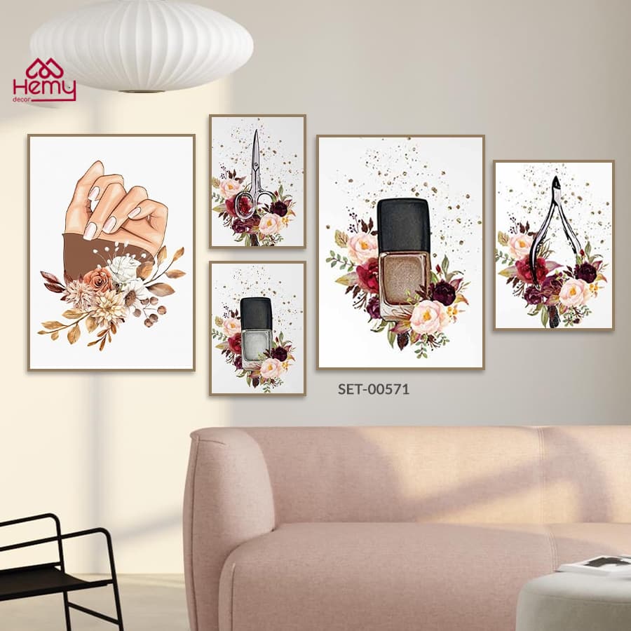 Set 5 Tranh Dán Tường Decor Tiệm Nail, Nối Mi, Giá Rẻ Kèm Băng Keo 2 Mặt