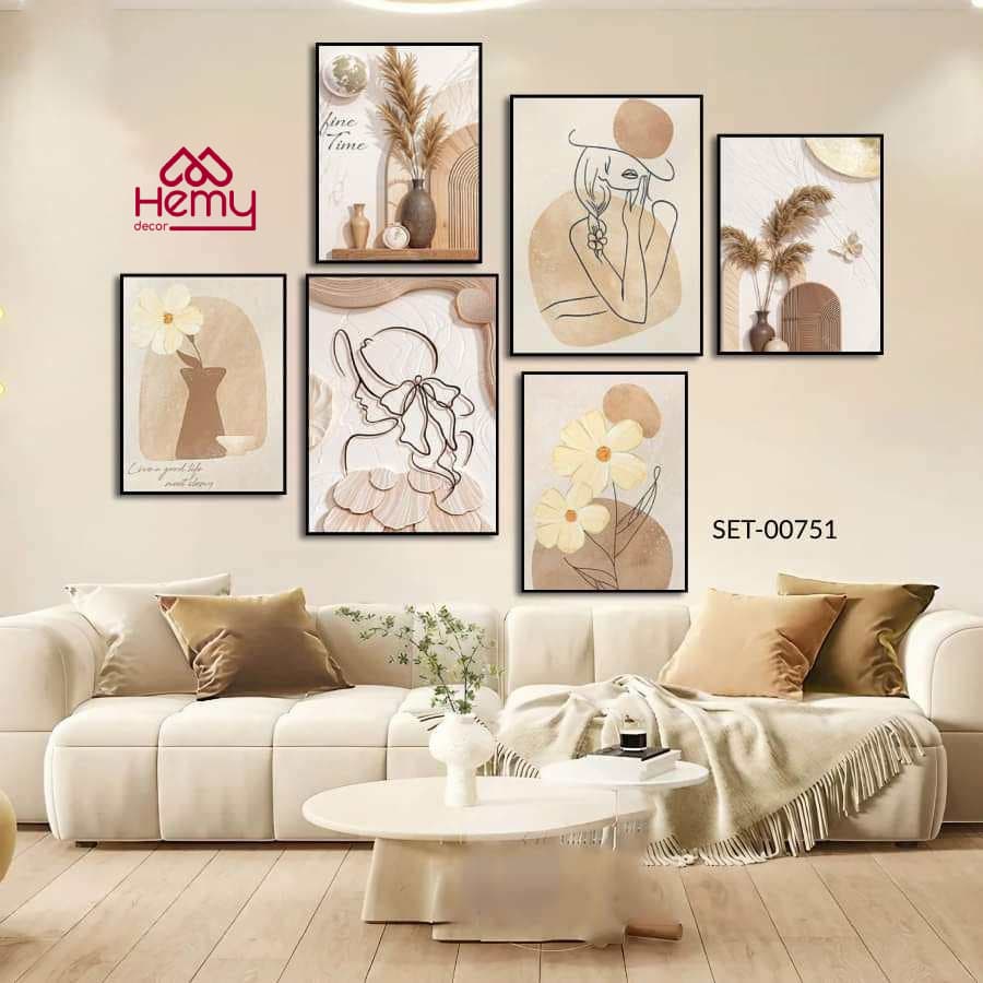 Set 6 Tranh Dán Tường Cô Gái Hiện Đại, Decor Phòng Khách, Ngủ