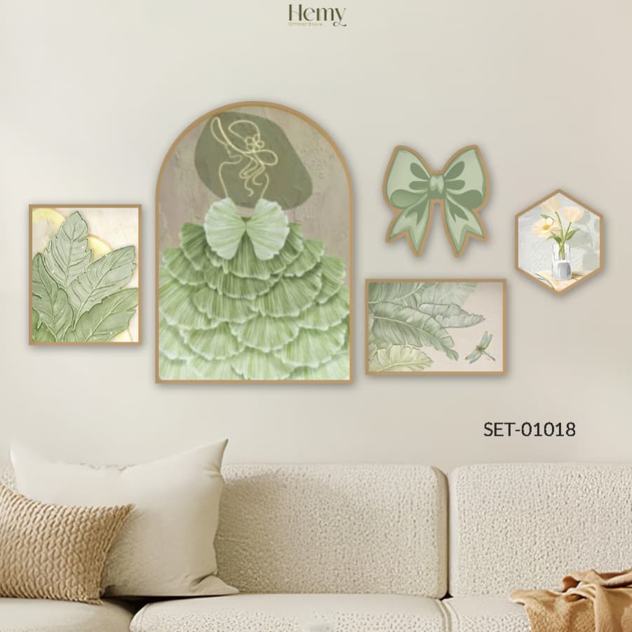 Set 5 Tranh Decor Cô Gái Nơ Hiện Đại Trang Trí Phòng Khách, Ngủ, Kèm Keo Dán – ảnh 2
