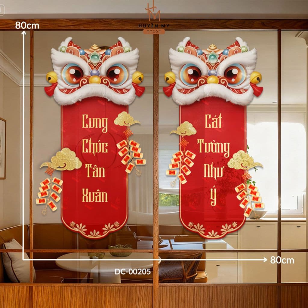 Decal Dán Tường Câu Đối Tết Họa Tiết Lân May Mắn, Decor Gương, Cửa Kính, Quán Cafe, PVC Chống Nước - Huyền My Decor