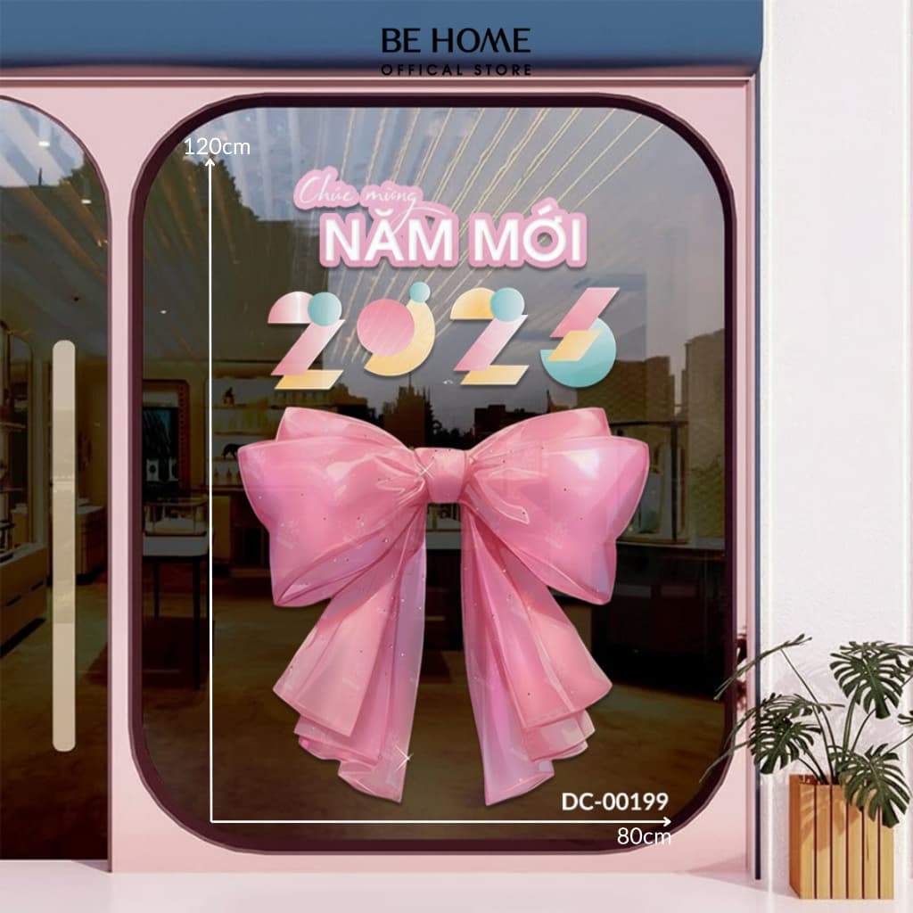 Decal Tết 2026 Nơ Hồng Trang Trí Tường, Cửa Kính, Cafe, Chống Nước
