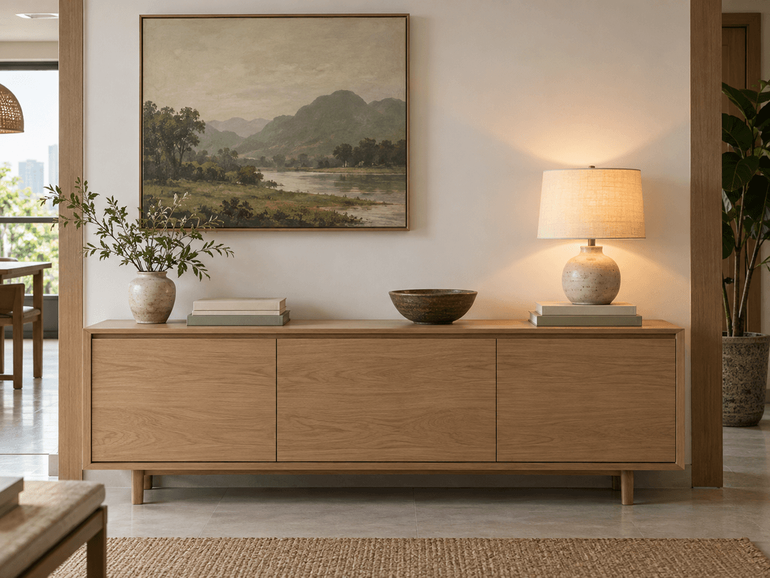 Tủ console gỗ với tranh phong cảnh xanh rêu treo lệch và đèn bàn chân gốm bật sáng bên cạnh