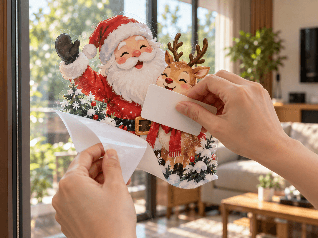 Bàn tay dùng thẻ nhựa miết decal ông già Noel và tuần lộc lên cửa sổ kính