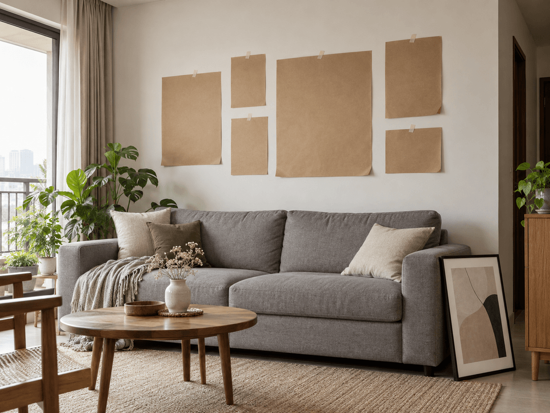Giấy kraft dán tạm trên tường phía trên sofa để thử bố cục trước khi treo tranh