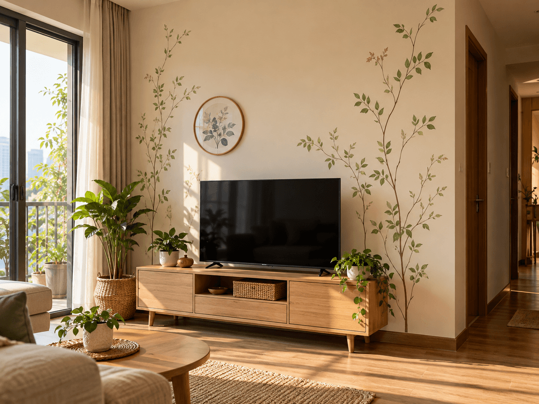Decor dán tường họa tiết dây leo mảnh trên tường be phía trên kệ tivi gỗ trong phòng khách nhỏ