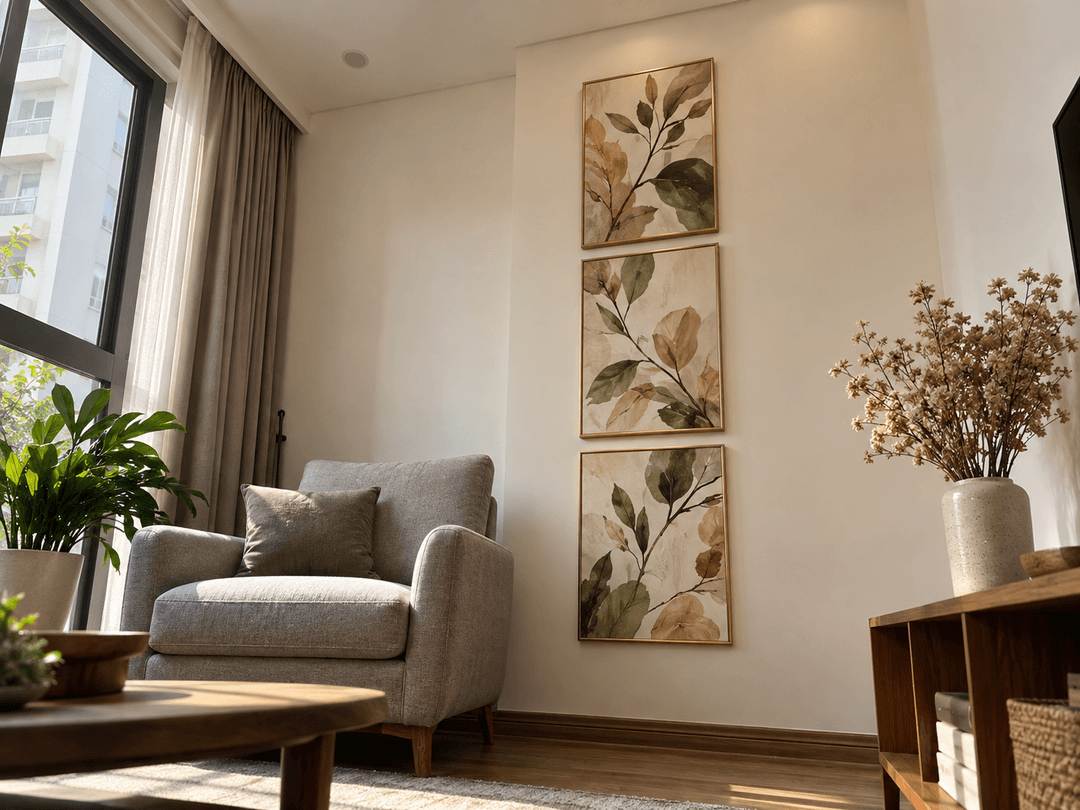 Bộ tranh khổ dọc vẽ cành lá treo theo chiều đứng giúp góc phòng khách trông cao hơn