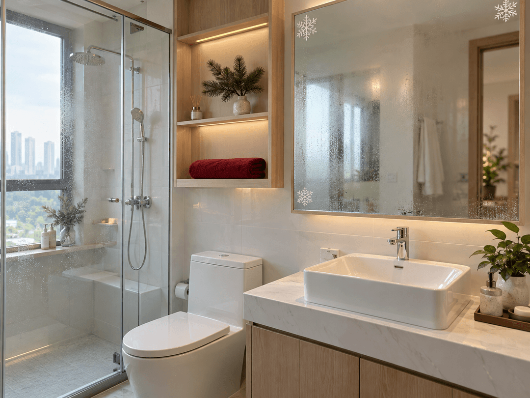 Gương phòng tắm dán decal bông tuyết trắng, bên cạnh có khăn đỏ và cành thông nhỏ