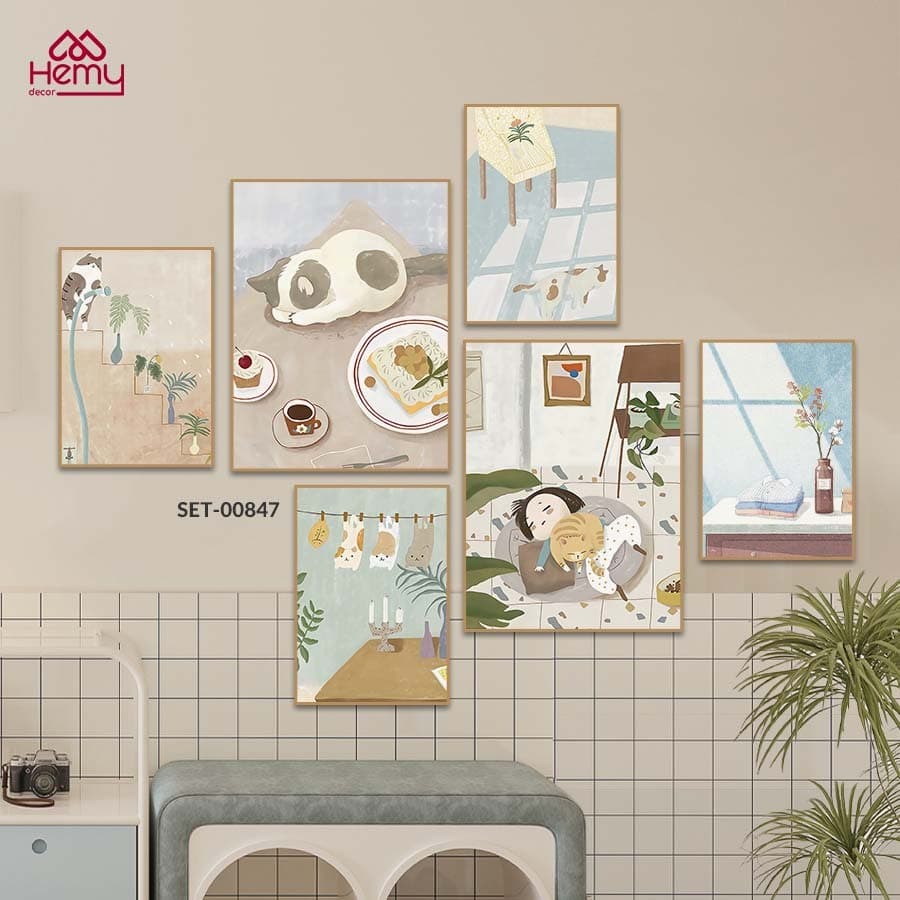 Set 6 Tranh Dán Tường Mẫu Dễ Thương Trendy Decor Phòng Khách, Phòng Ngủ, Spa