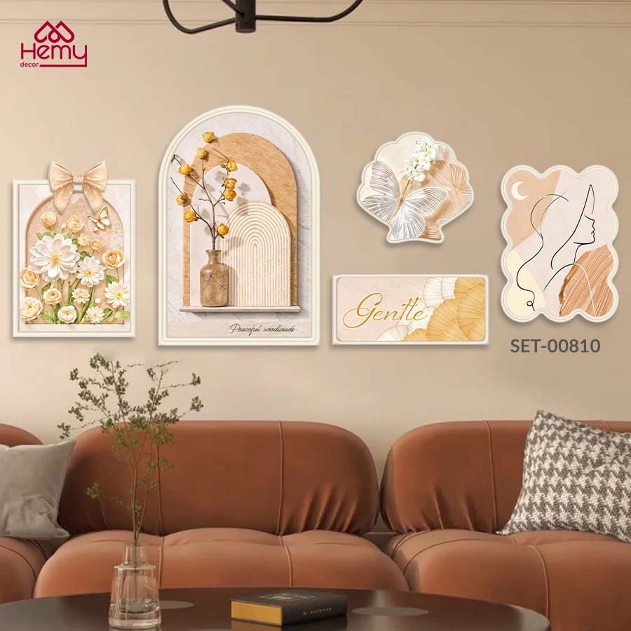 Set 5 Tranh Dán Tường Họa Tiết Nơ Phù Điêu Mới Decor Phòng Khách, Phòng Ngủ, Nail