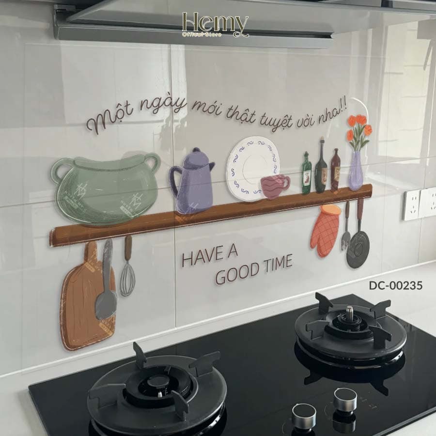 Decal dán bếp gia đình ấm cúng PVC trong suốt chống nước, dán kính và tường bếp